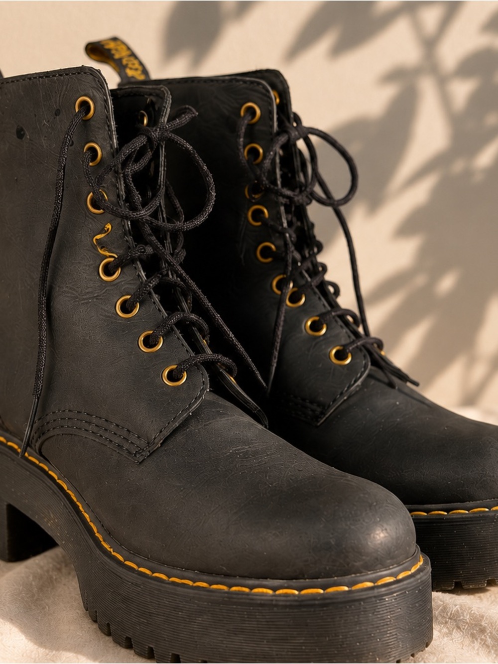 Dr. Martens Black Lace-Up Platform Boots with Yellow Accents